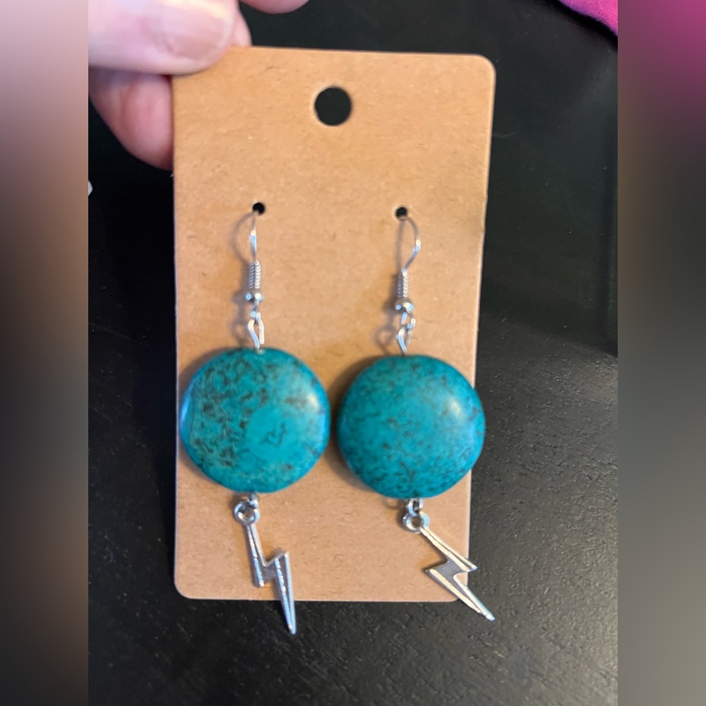 Turquoise Dangle Earrings with Silver Lightning Charm